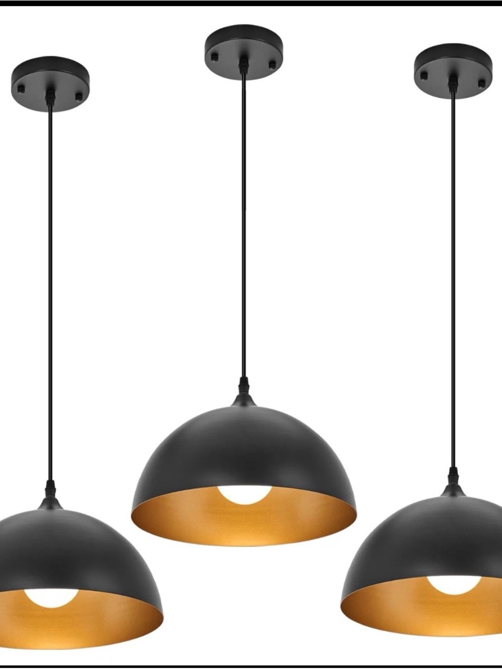 Matte Black Dome Pendant Light with Gold Interior (Set of 3)